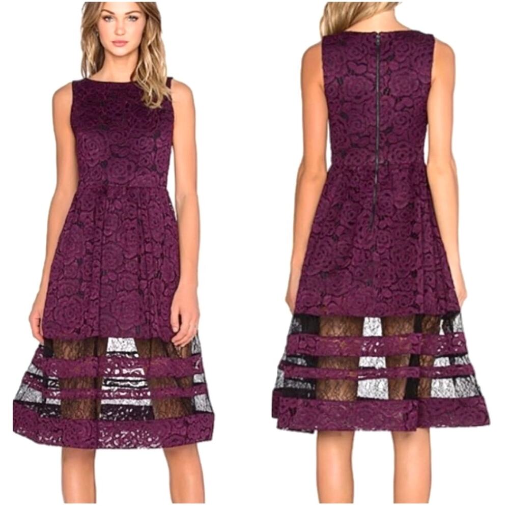 $650 ALICE & OLIVIA NWT Purple & Black Floral Lace Tiered Dress – Size 8 – RARE